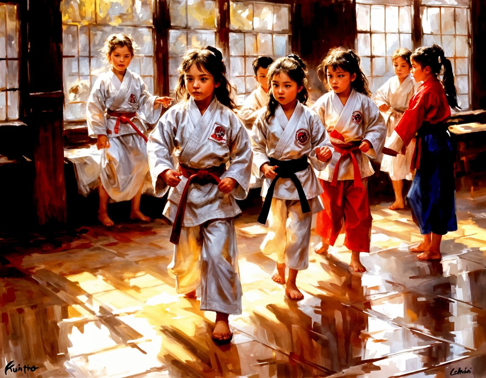 Children's karate class, doing katas  by @Taralie