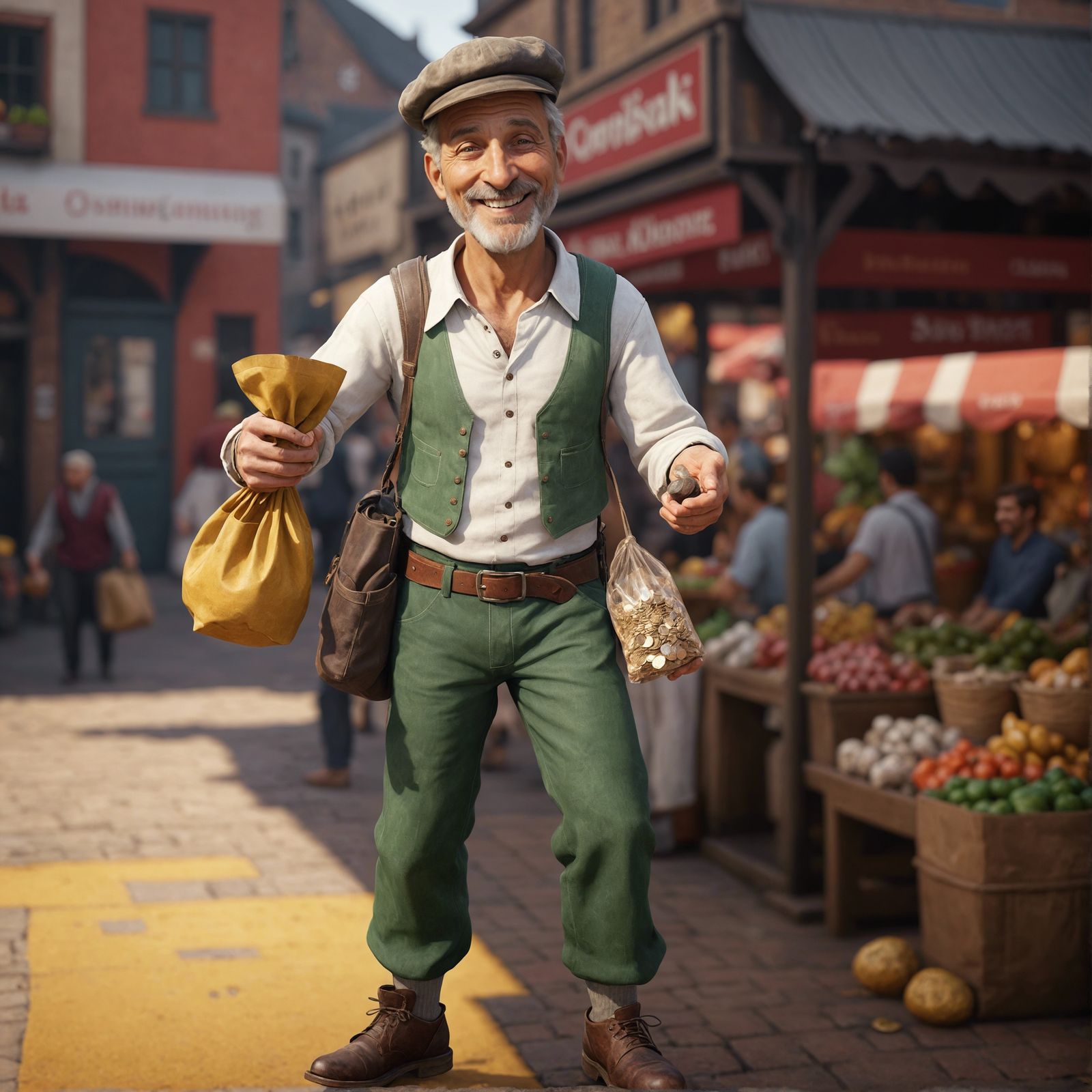 cheerful human merchant trying to sell you something.