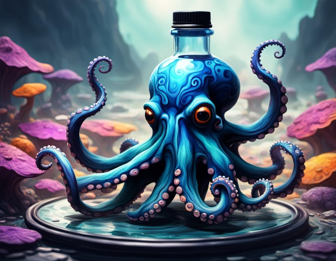 indelible ink bottle, octopus sitting  on top of the lid, ps...