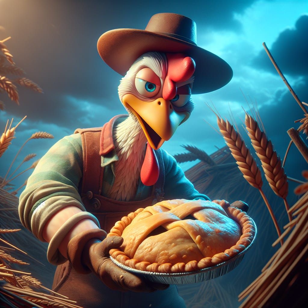 Chicken holding pie