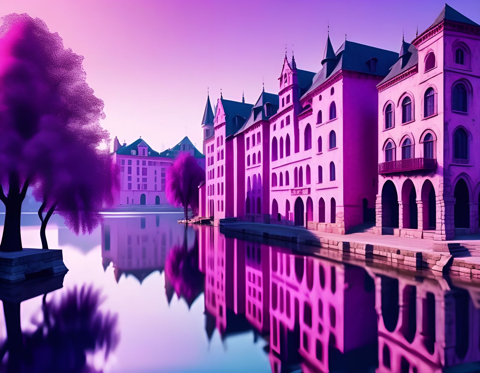 Buildings in an old city with pink and light purple hues beside a lake ...