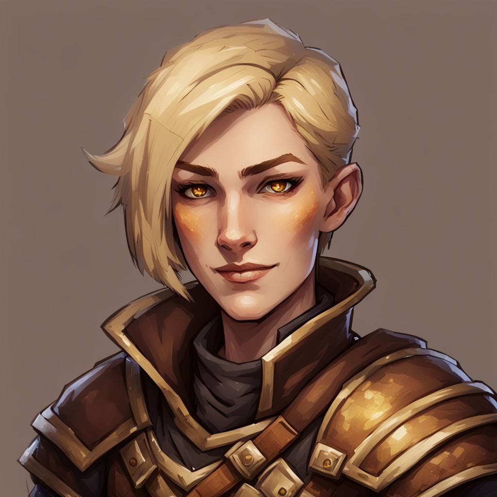 dnd portrait, human female thief, short blonde hair, brown armor ...