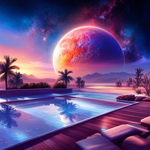 Poolside, alien planet, galactic sci-fi, futuristic, concept art; strong vivid cosmic colors, star splattered ...  by @Flustercluck