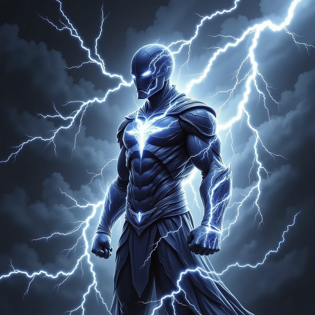  <lora:Raio Flux:1.0> A superhero made of lightning