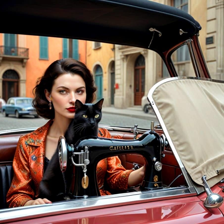 Sophisticated Lady in Vintage Luxury Car with Black Cat and ...