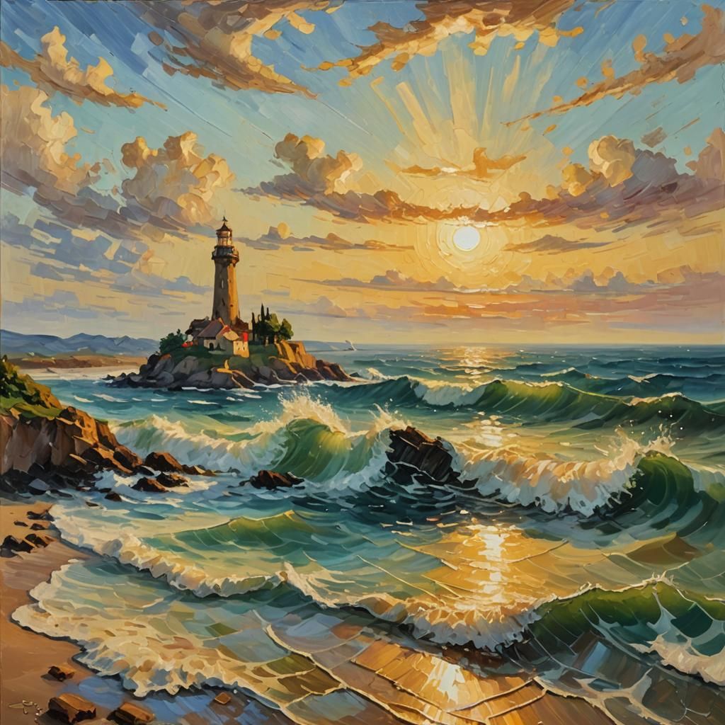 Glass Tower on Island as Impressionist Oil Painting