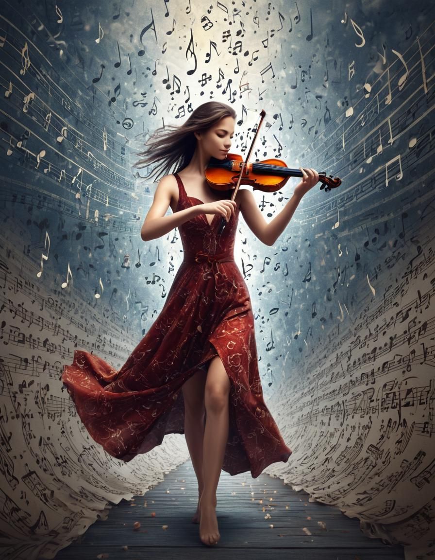 Beautiful woman playing violin and walking throw a infinity path made of music notes,  super high detail, ...  by @Roswarcus