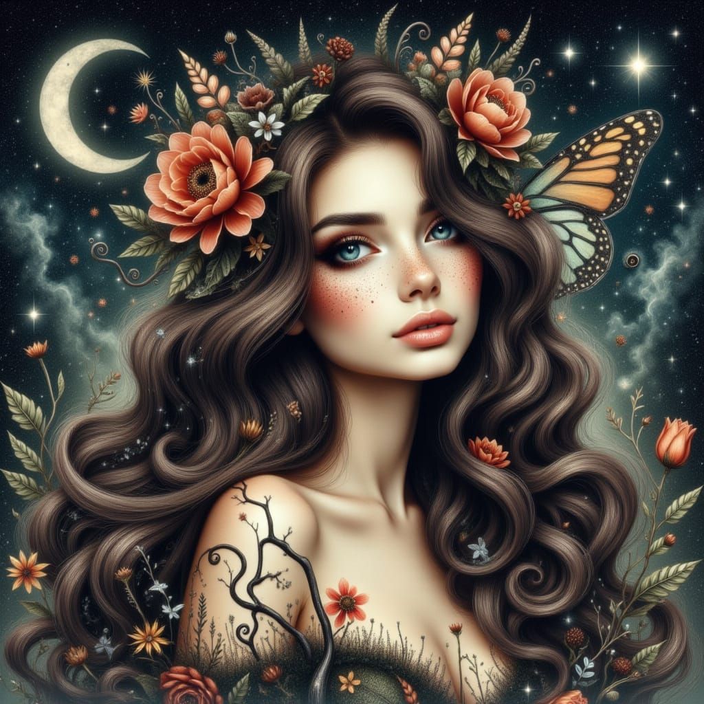 <lora:SparklePortraits:1.0> Cute woman fantasy storybook illustration Fae fairy fairies a curvy beautiful brunette fairy  woman freckles she...