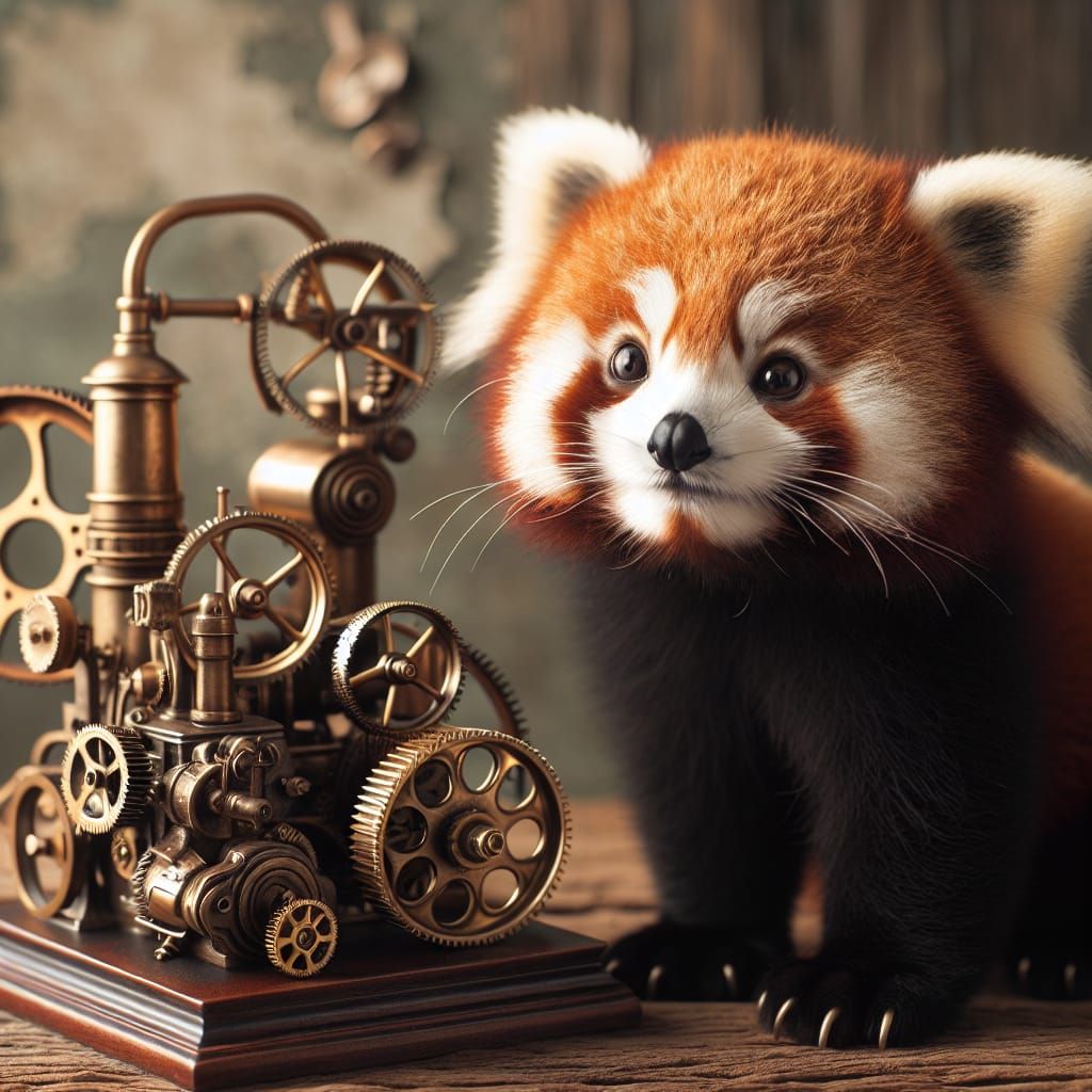 Curious Red Panda with Steampunk Engine
