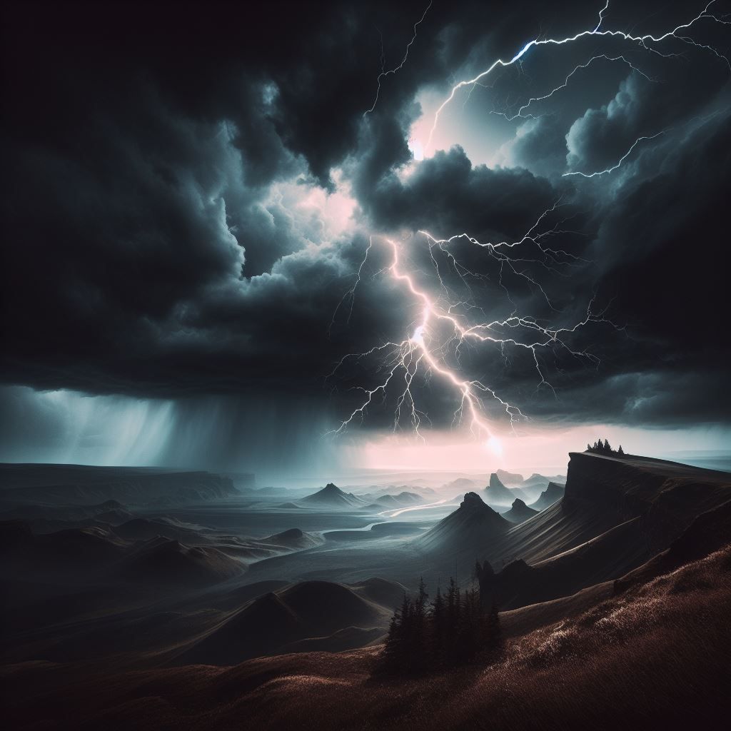 storm clouds with striking lightning bolts