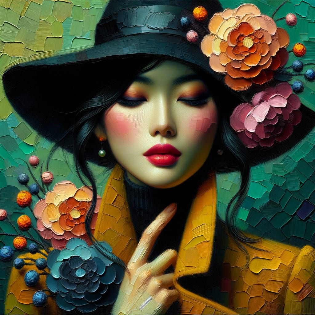 “This image portrays a serene and elegant woman rendered in a painterly, impressionistic style. She has ...  by @GoingJade