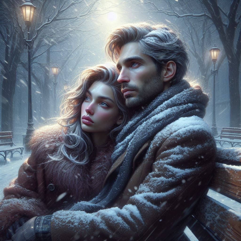 A couple in the snow while sitting on a park bench