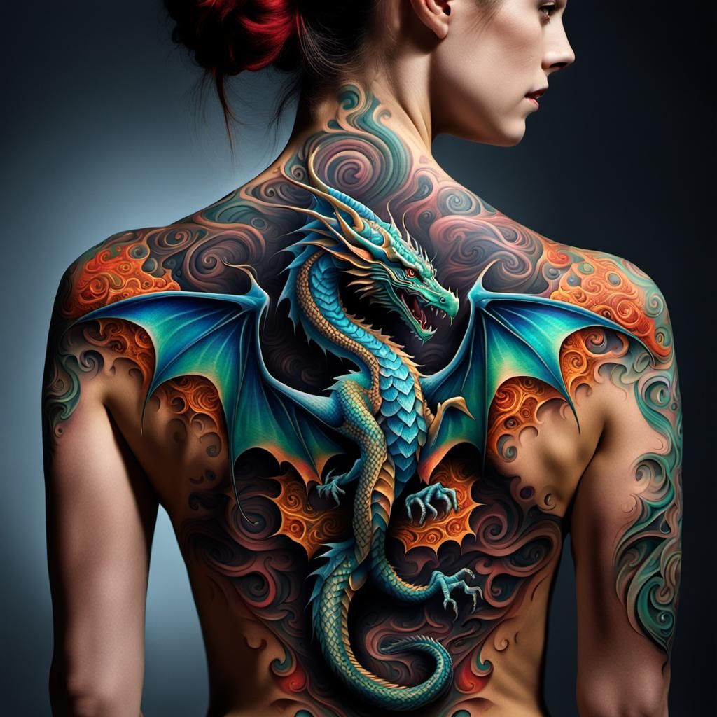 dragon tattoo adorning the back of a woman  by @artistrycreations 