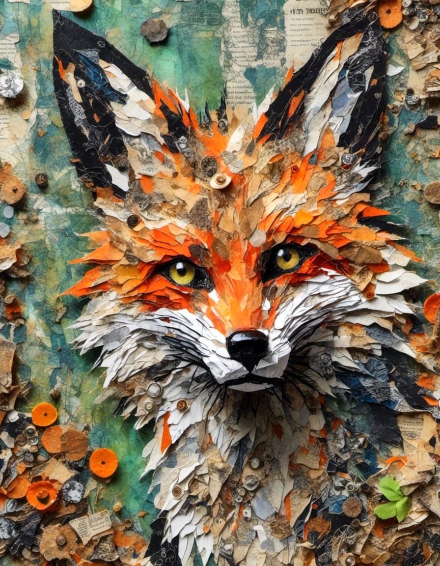 <lora:Supa Collage:1.0> Complex mixed media Collage close portrait   of a scary fox in the exploding forest lake Collage , mixed media , ora...