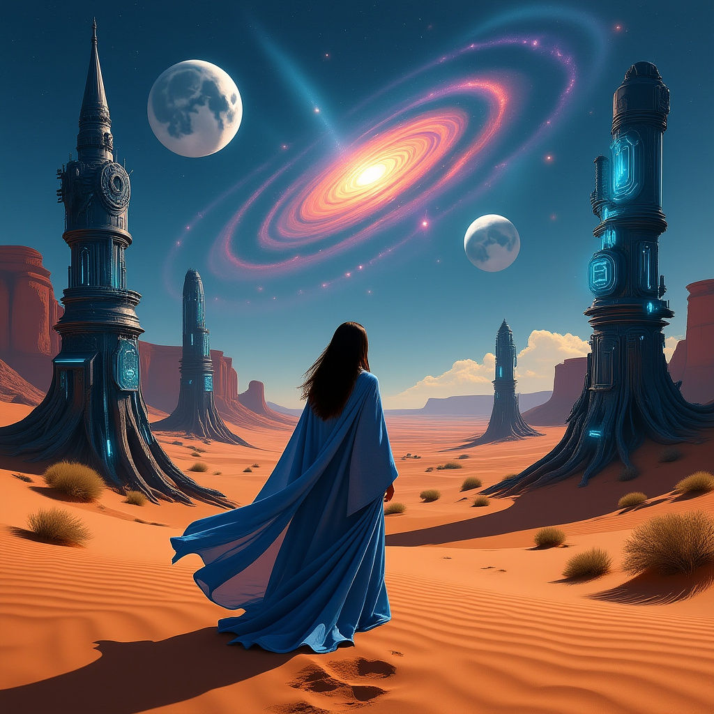 An ethereal scene of a woman with flowing robes made of starlight and nebulae, standing at the edge of a vast, ancient desert. 