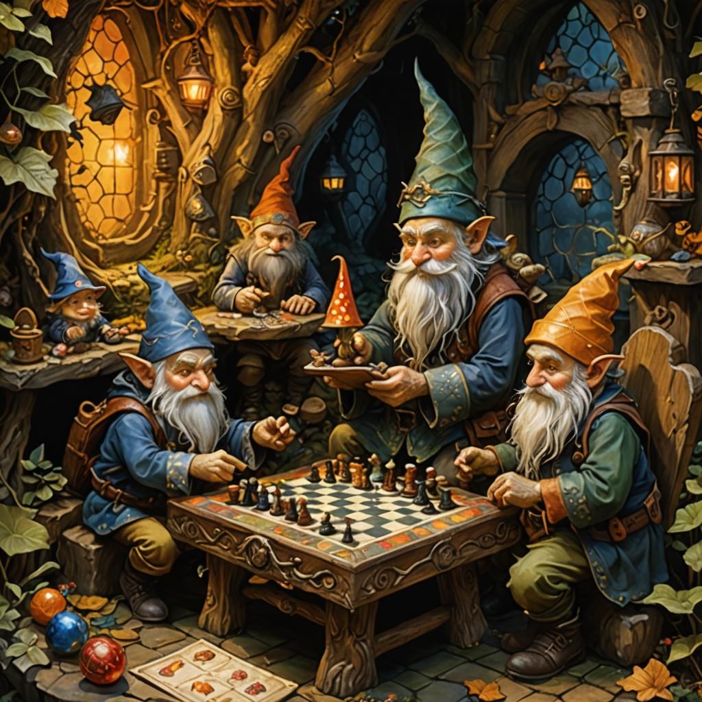 Highly detailed Storybook illustration of gnomes playing ch3ckers with Tachisme Dynamic Brushwork Hobgoblin and Dwarve By Brian Froud and Ar...