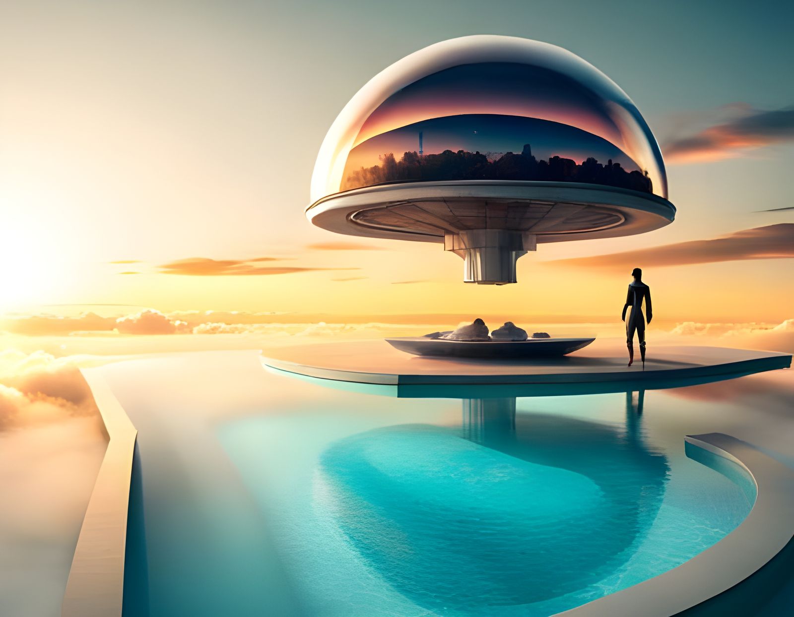 Alien swimming pool in the clouds with fire pit.   by @Dooboofay