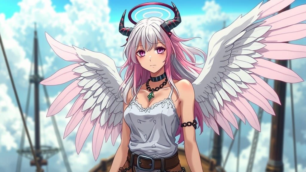 Dieselpunk Angel on Airship Deck, Anime Style