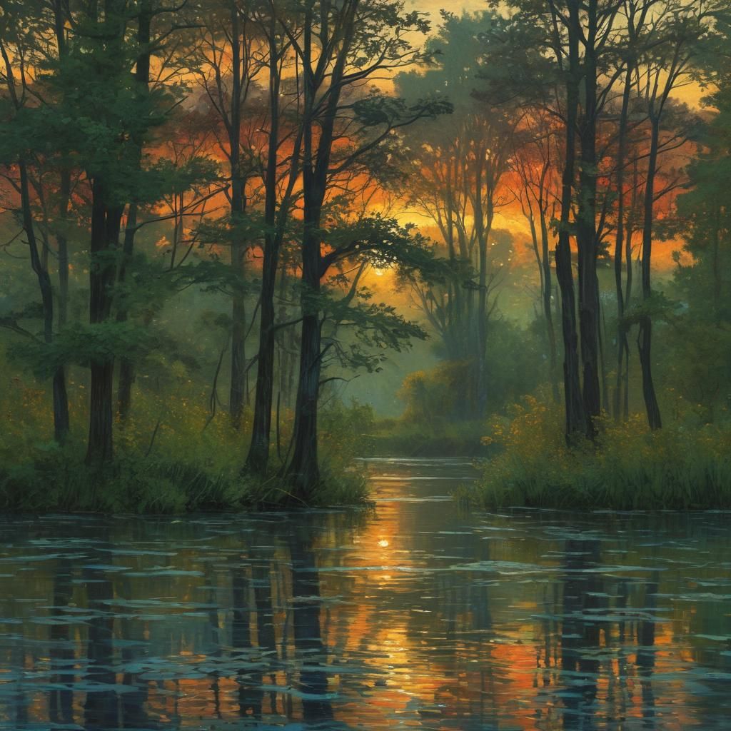 Serene sunset over calm mist covered lake, Reflective water ...