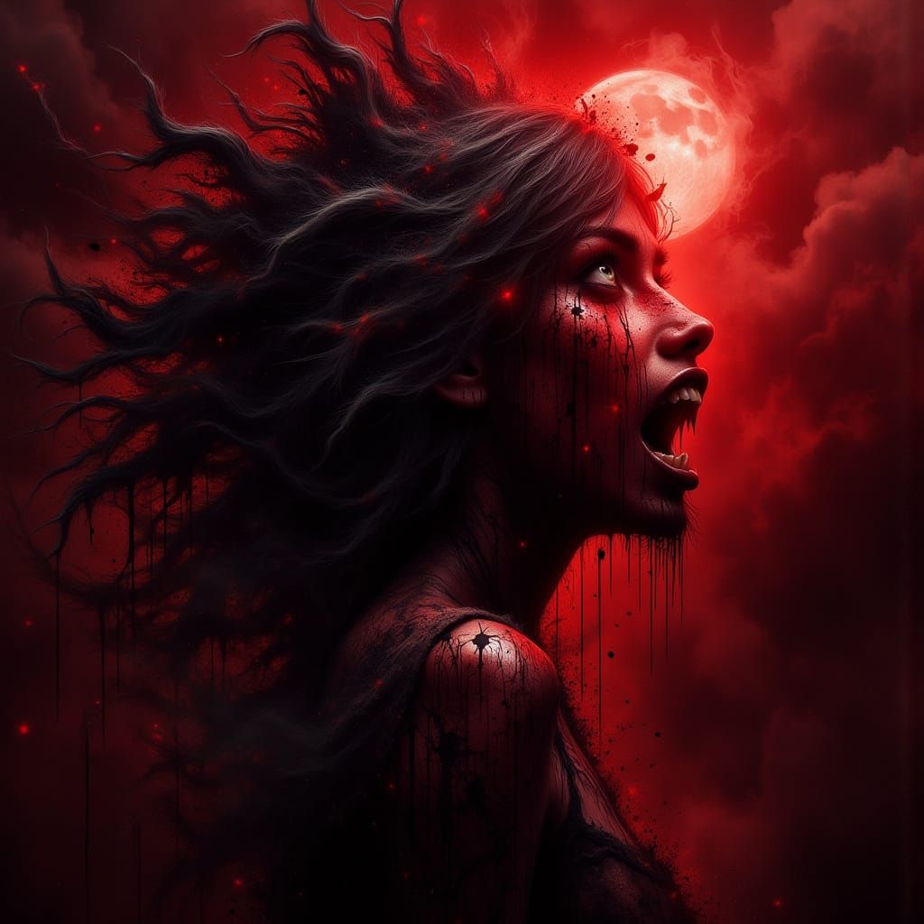 Camera pushes forward and tilts up slightly: horrific werewolf transformation, human face morphing into lupine muzzle, sharp fangs erupting,...