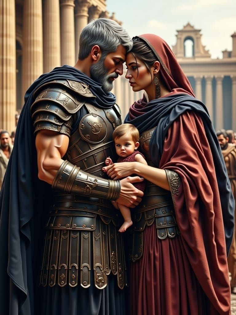 Close up image of couple roman age <lora:Ancient Beauty2:1.0> .An ancient handsome grey haired roman noble in intricate armour and dark cape...