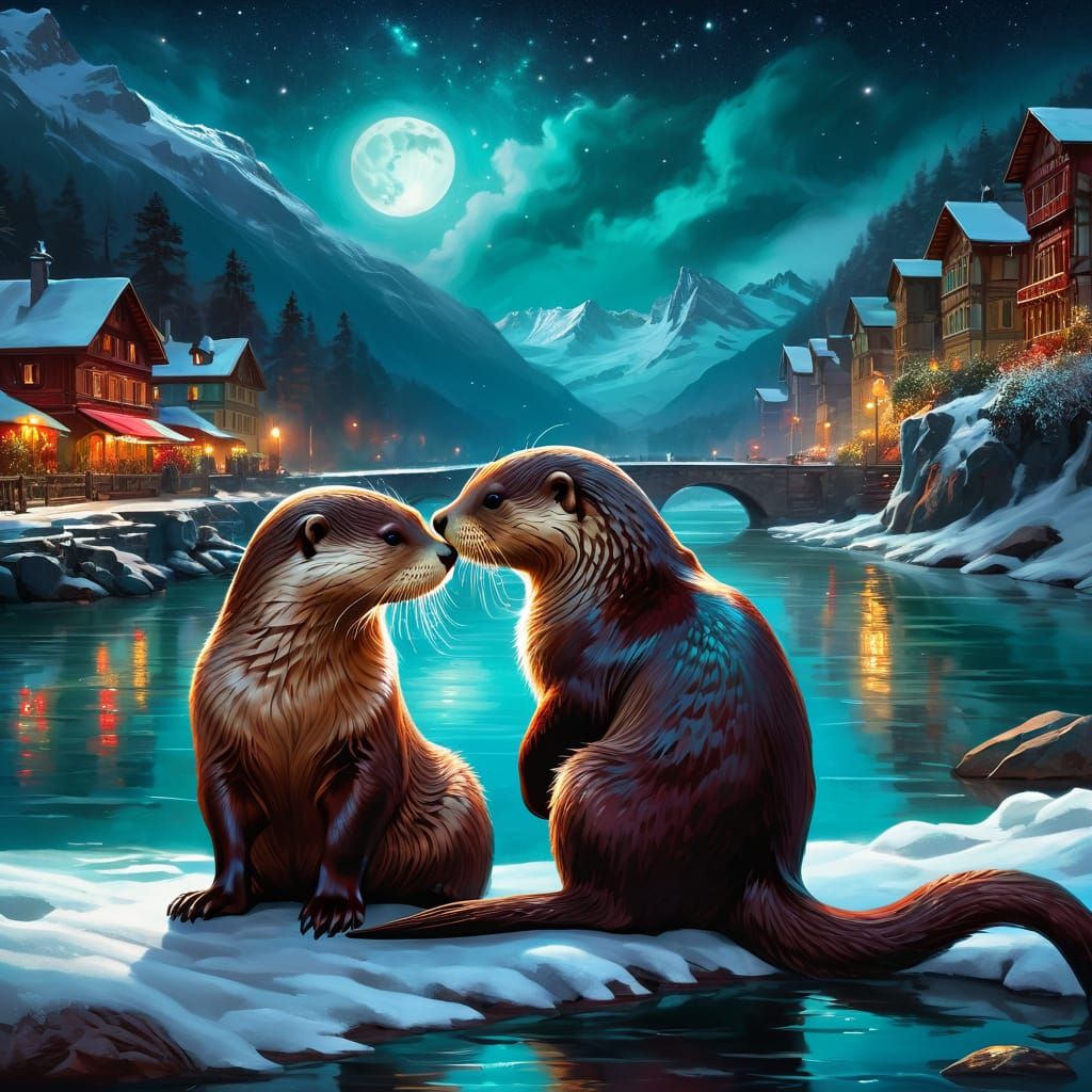 Two Otters are kissing on the bank