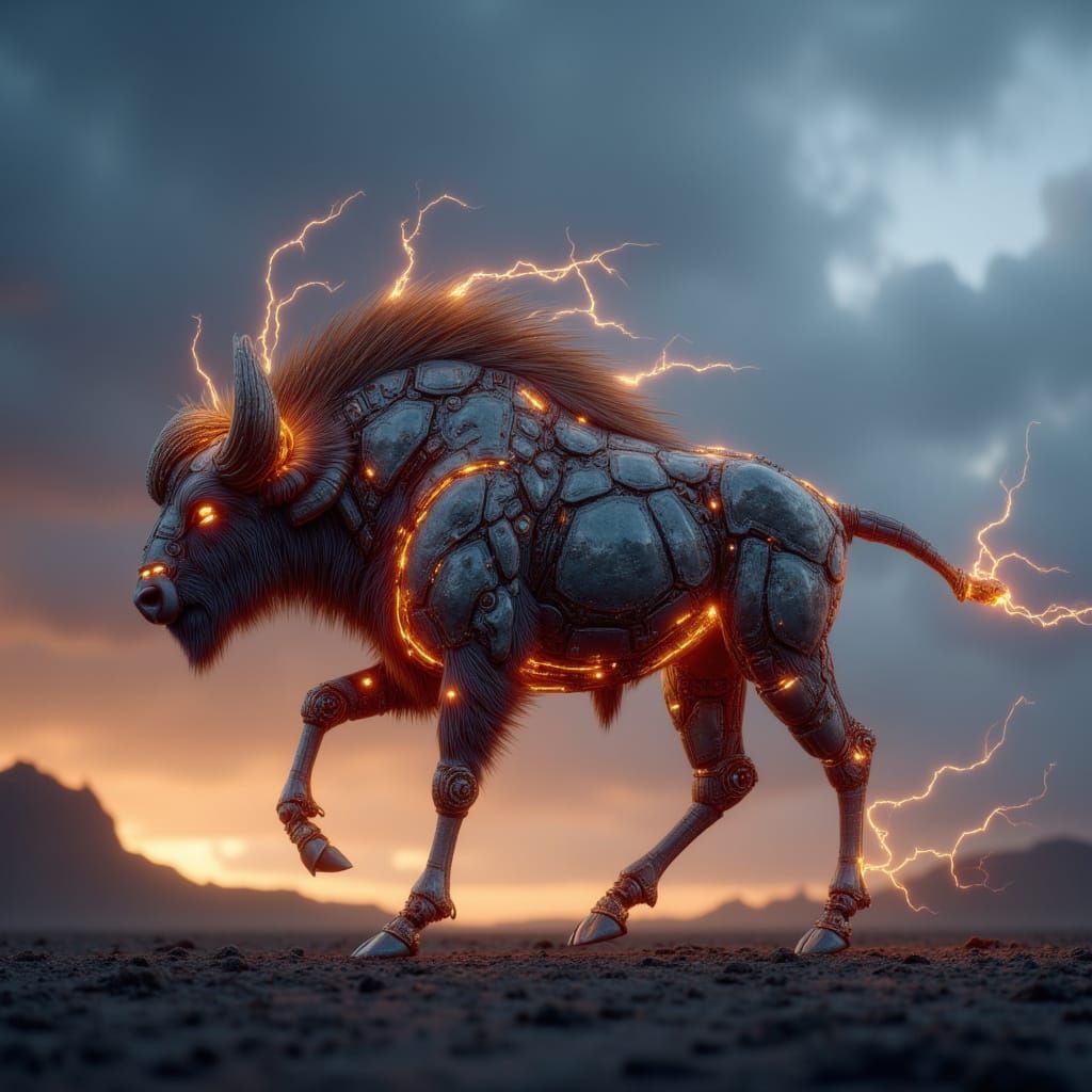 <lora:Animal Mutants:1.0> HD photography of a sci-fi alien mutant bison with molten-slag hooves and thunder-charged horns, stampeding across...