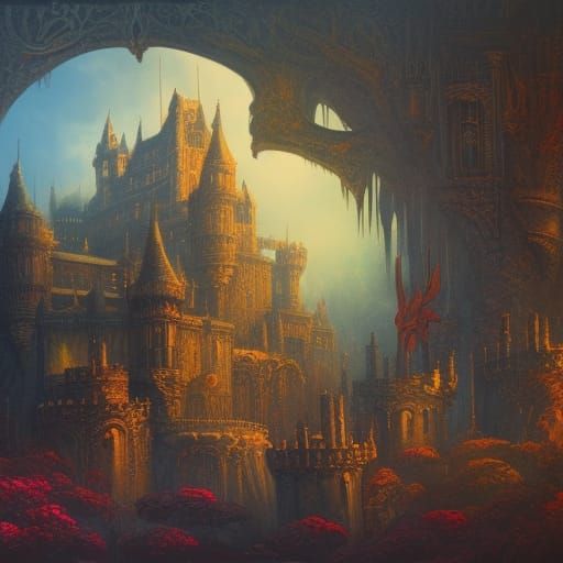 A Castle full of Cats mythic art, Fantasy Art detailed paint...
