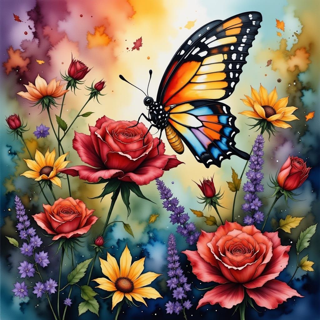 Dreamy Butterfly on a Blooming Rose in Vibrant Stained Glass...