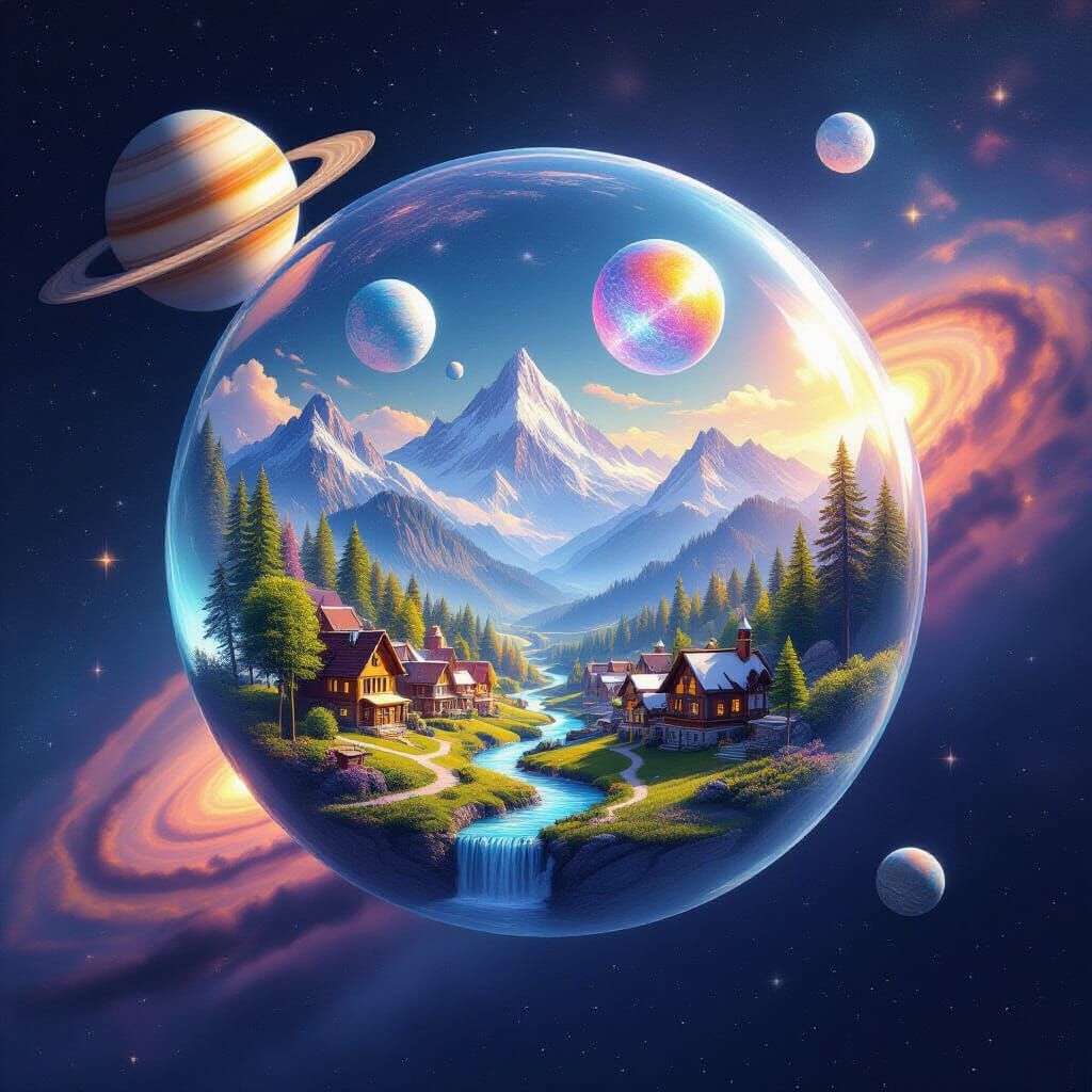 Miniature World Inside Crystal Sphere in Space