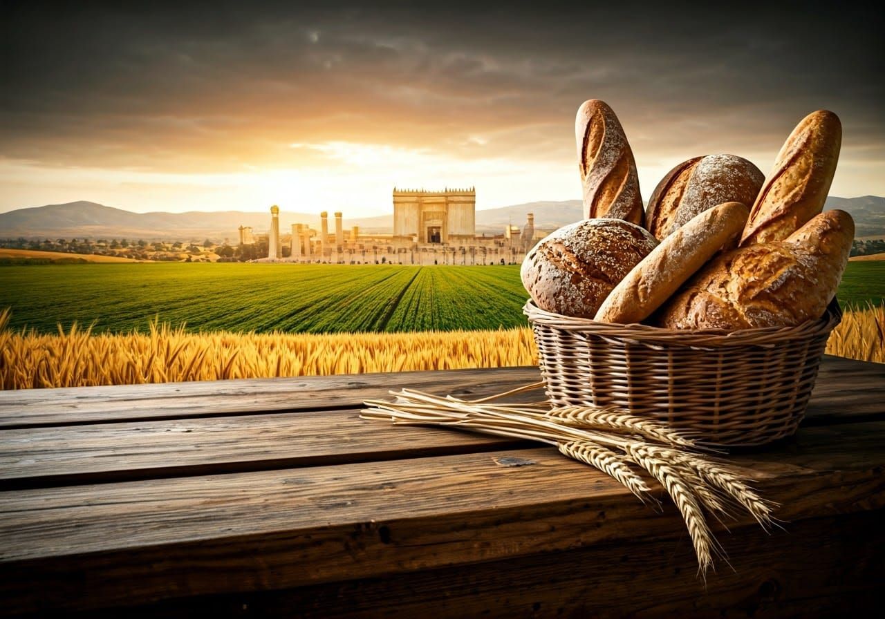 Antique Wooden Table with Woven Basket and Bread in Ancient...
