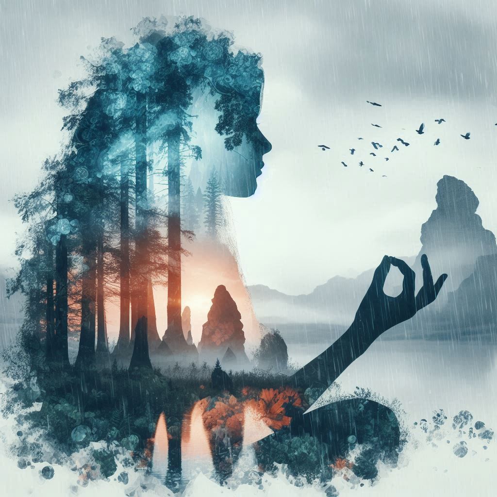 double exposure beautiful fantasy DALL-E 3 portrait landscape..