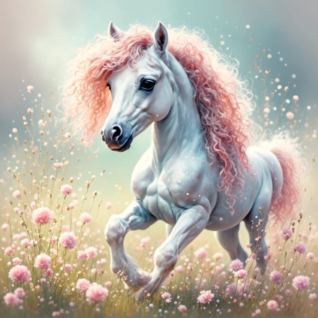  <lora:Cute2:1.0>  cute foal playing on a meadow, Fairytale soft colors. 