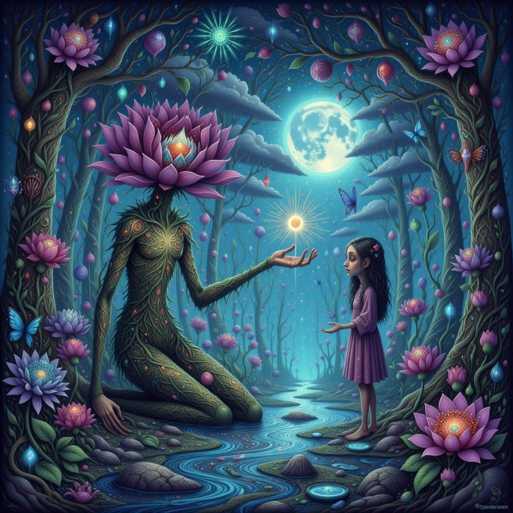 <lora:GazDreamchant:1.0> lotus familiar offering a glowing flower to a human child in a sacred grove