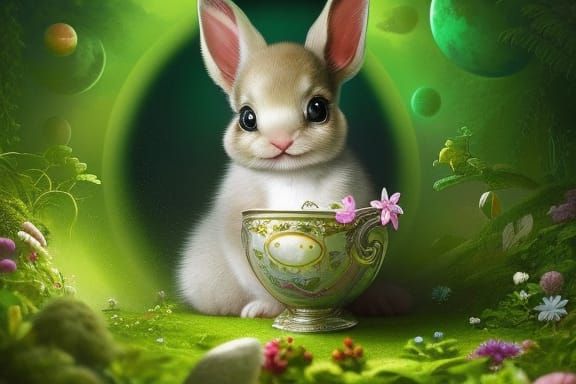 cute rabit sitting behide of an luxurious cup in an garden with a ...