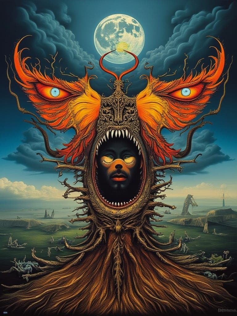 <lora:Insomnia Flux:1.0> vivid Medium shot of a muscular Man <lora:steveface1:1.5>with extra hyperrealistic eyes dressed as a mutation betwe...