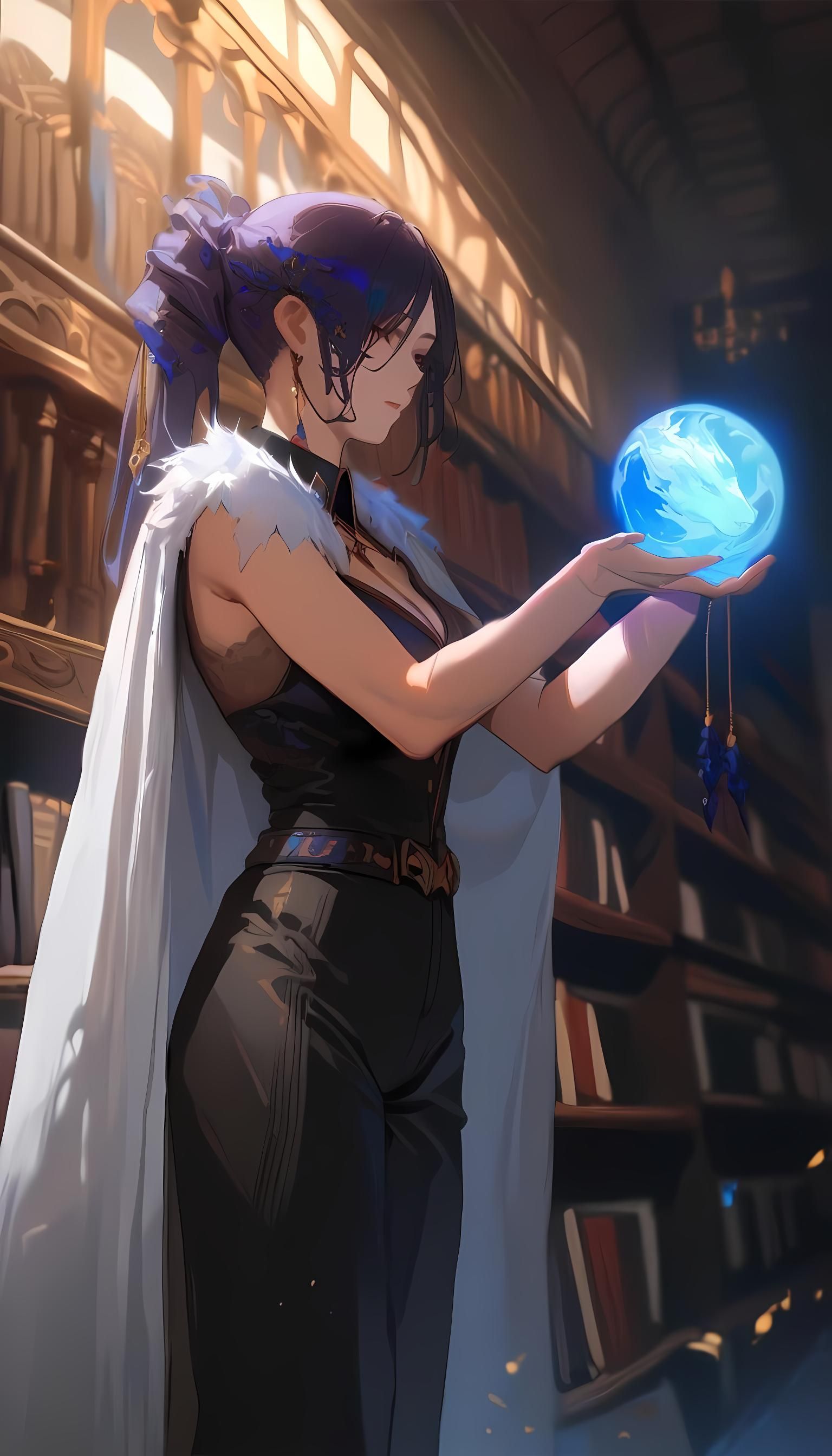 Dark Fantasy Girl with Orb in Library