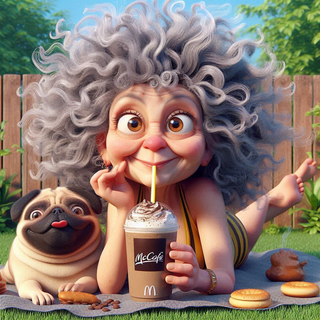 granny with her pug at mc donalds "Good morning"