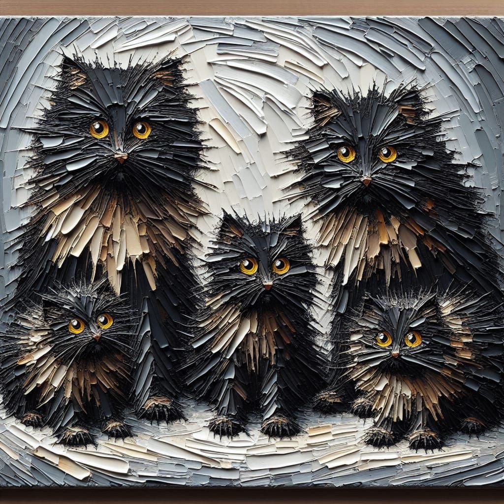 Impasto Oil Painting of Feral Black Cats with Yellow Eyes