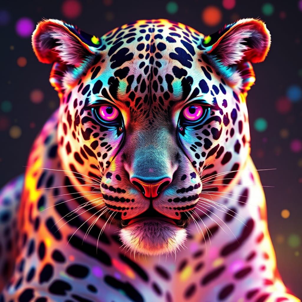 A magical leopard with multicolored spots on its fur that sh...