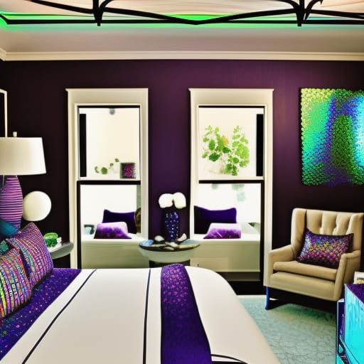 Beautiful bedroom with purple holographic walls with cobalt blue