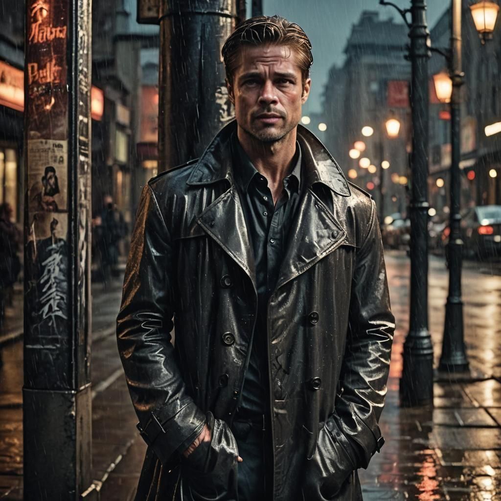 A vampire version of Brad Pitt leans casually against a weathered advertising column in the middle of a dimly lit city street. He wears a lo...