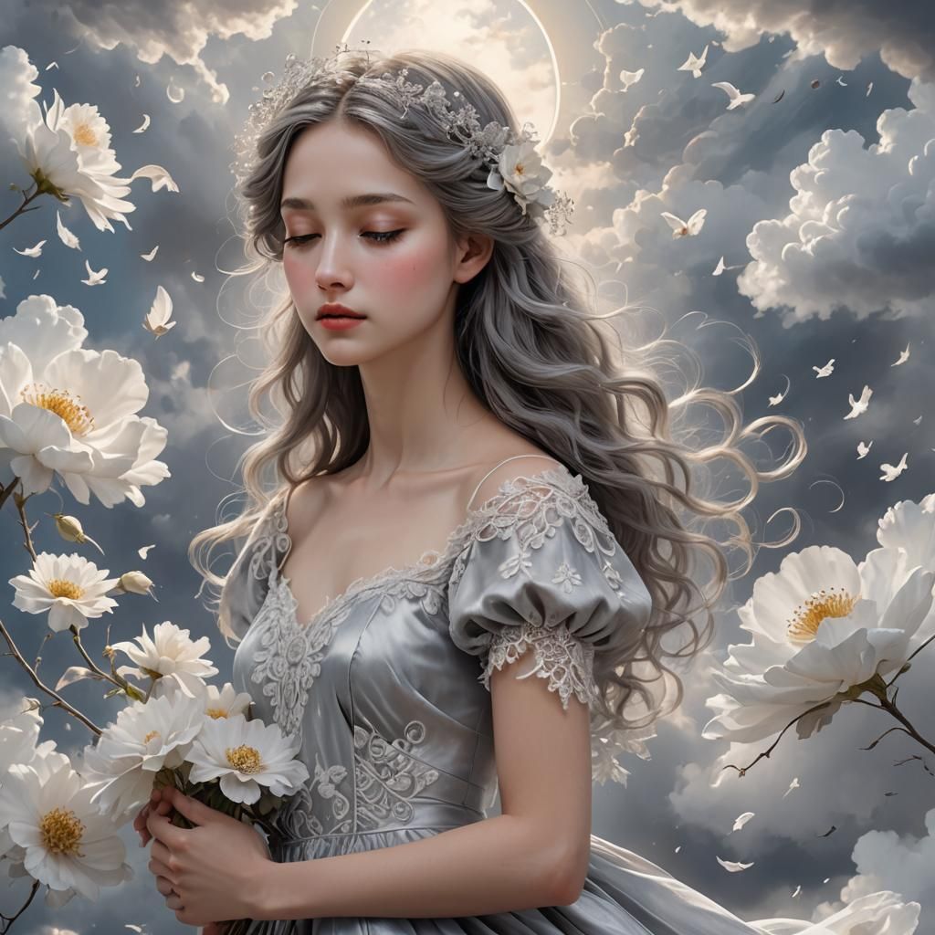 Ethereal Girl Falling: Art Nouveau Concept Art