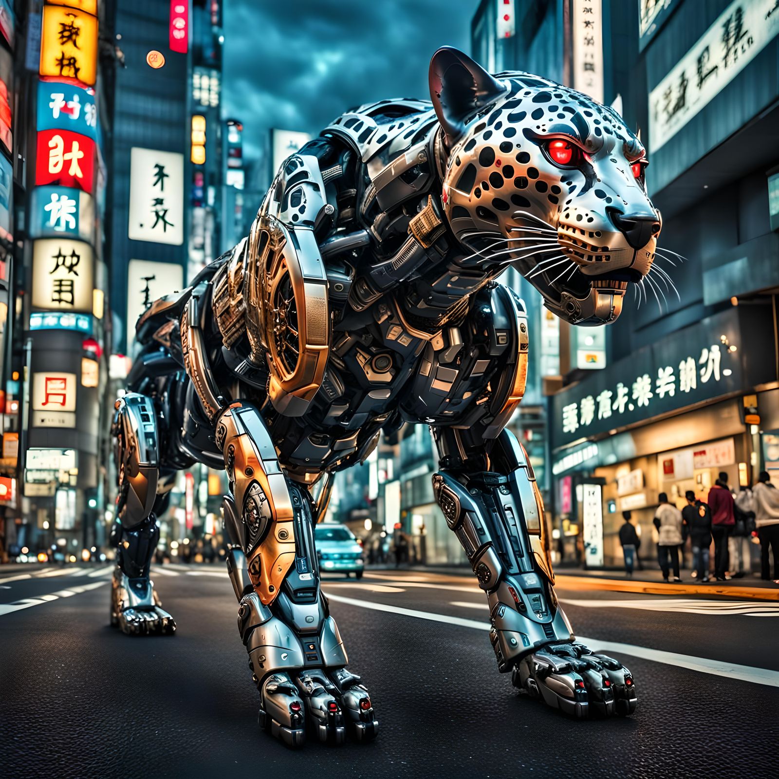 Cyborg Jaguar roaming the brightly lit streets of heavily urbanized ...