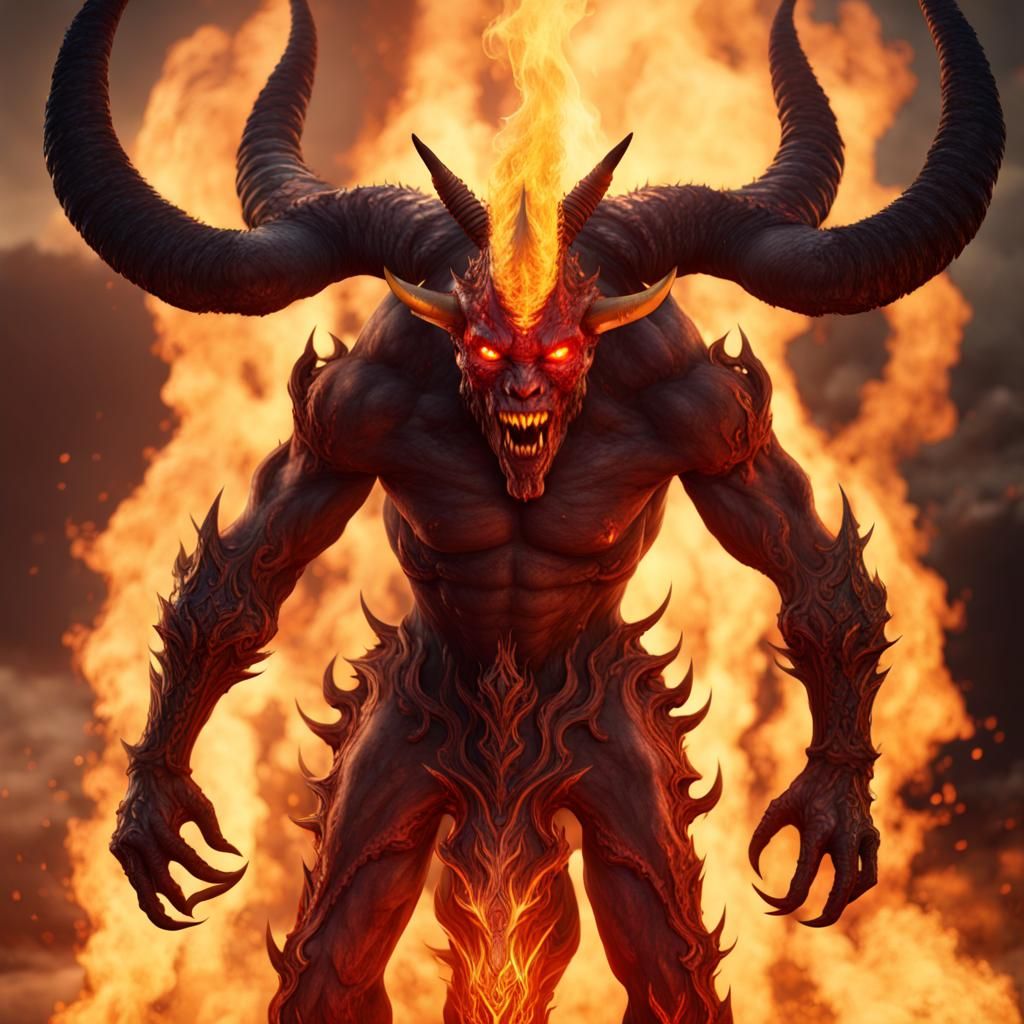 fantasy fire breathing demon with horns all over and horns on head with ...