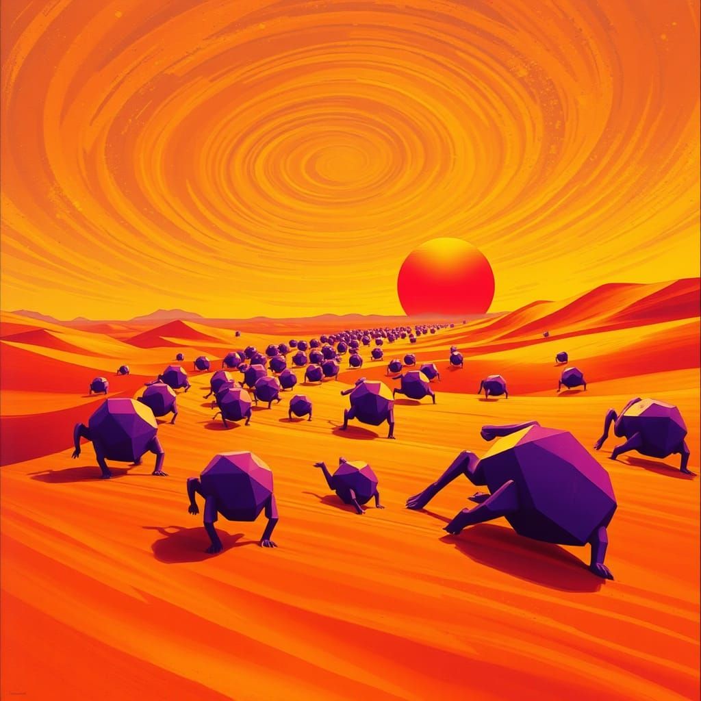 A procession of purple geometric shapes, stumbling through a desert the