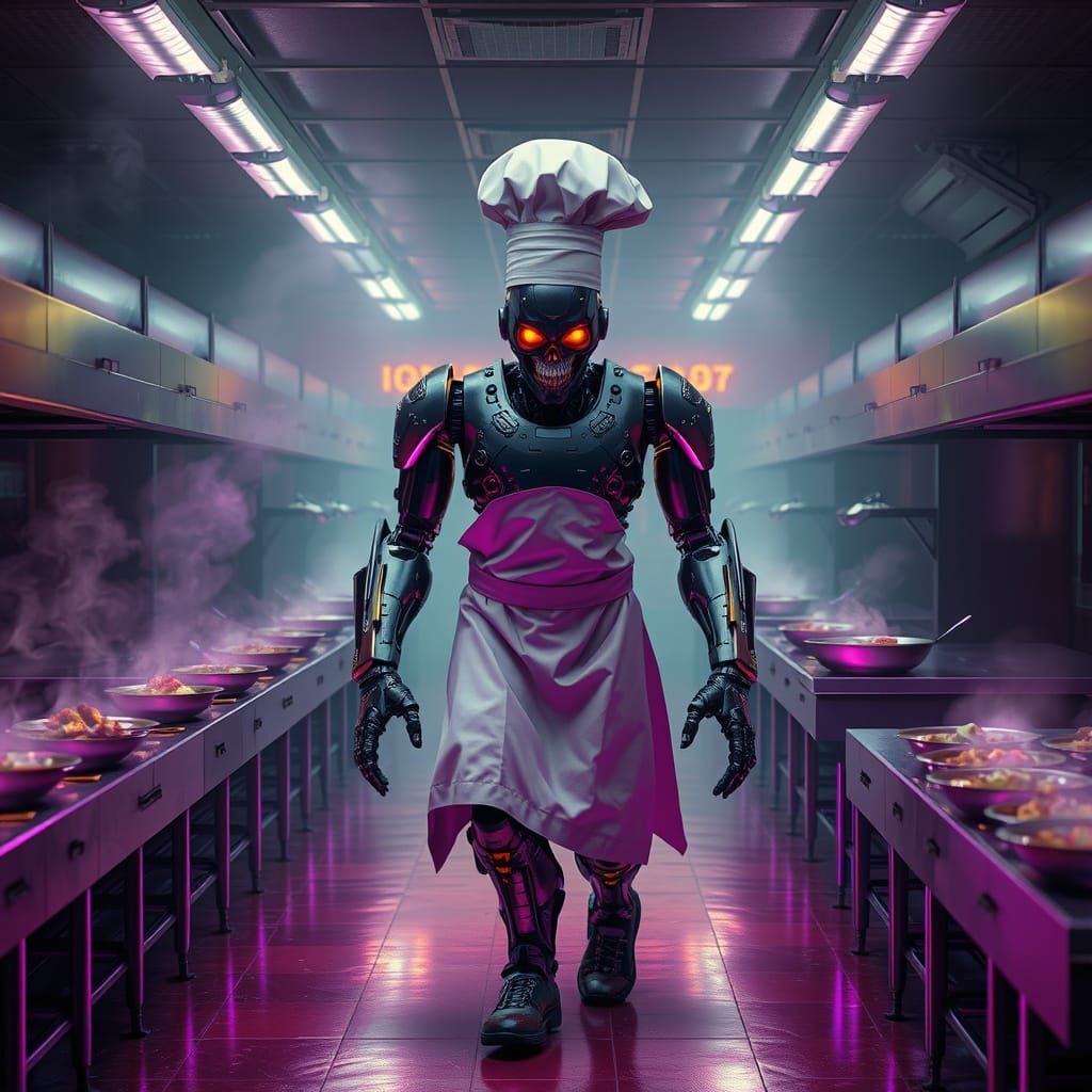 Menacing Robot Chef in Dark Fantasy Cafeteria