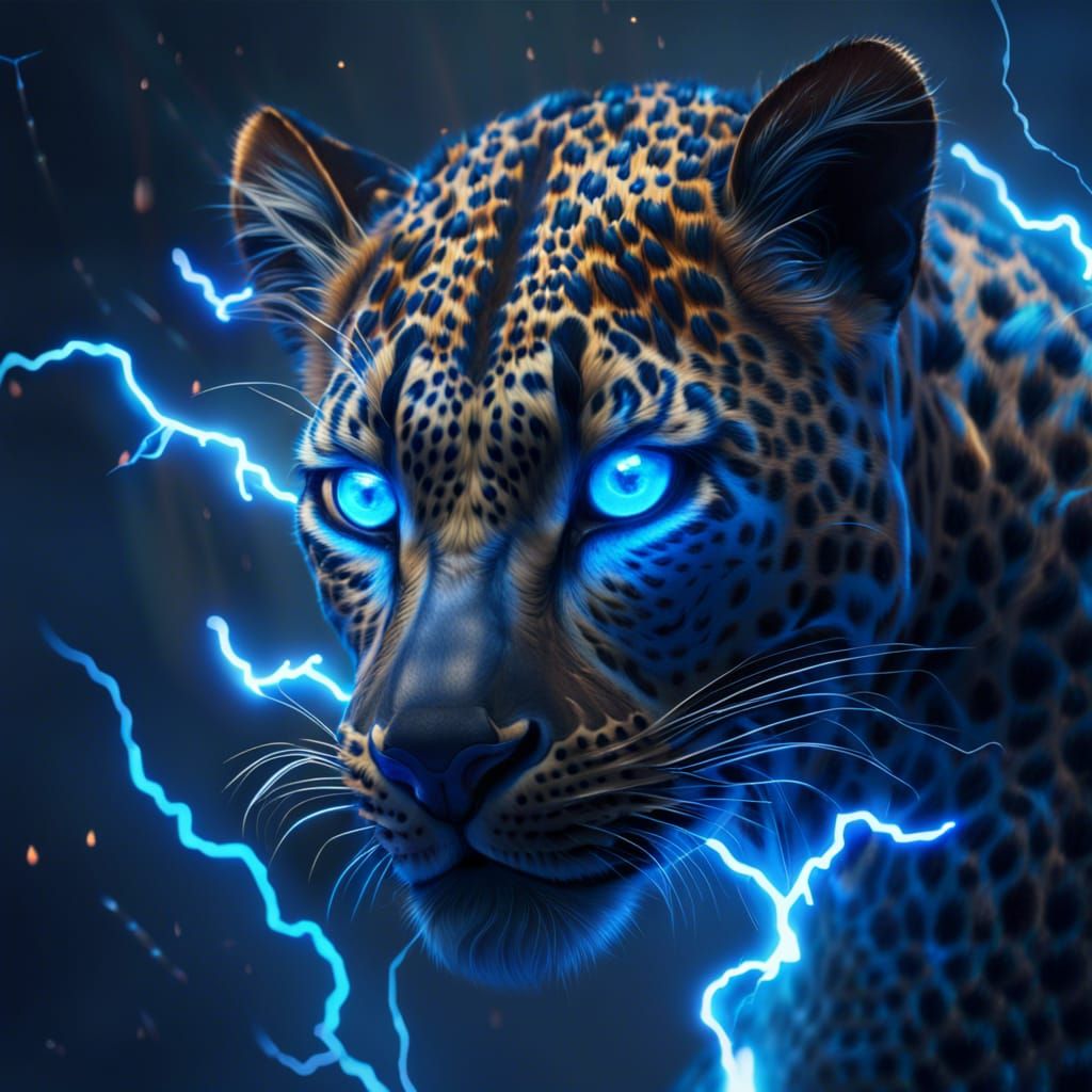 Leopard, eyes filled with lightning, blue aura - AI Generated