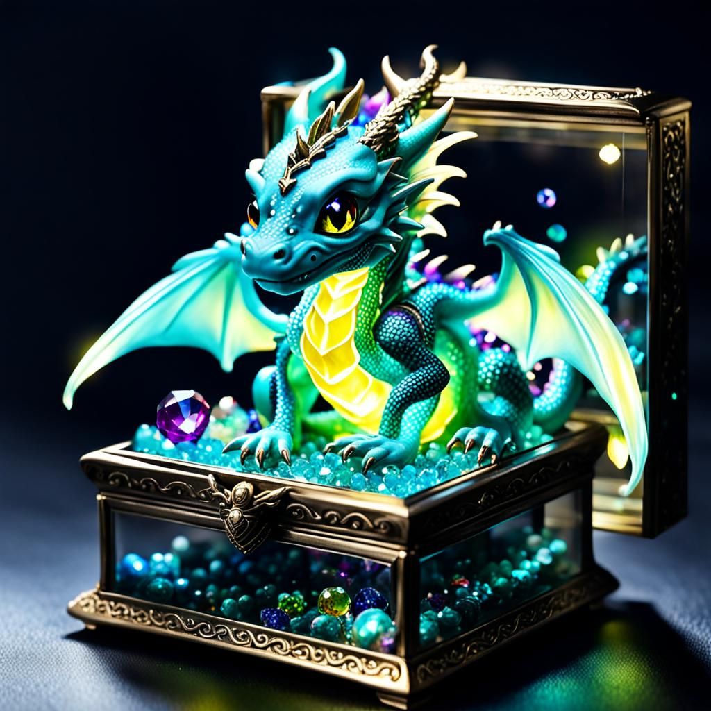 A cute miniature baby dragon sitting in a glass jewelry box ...