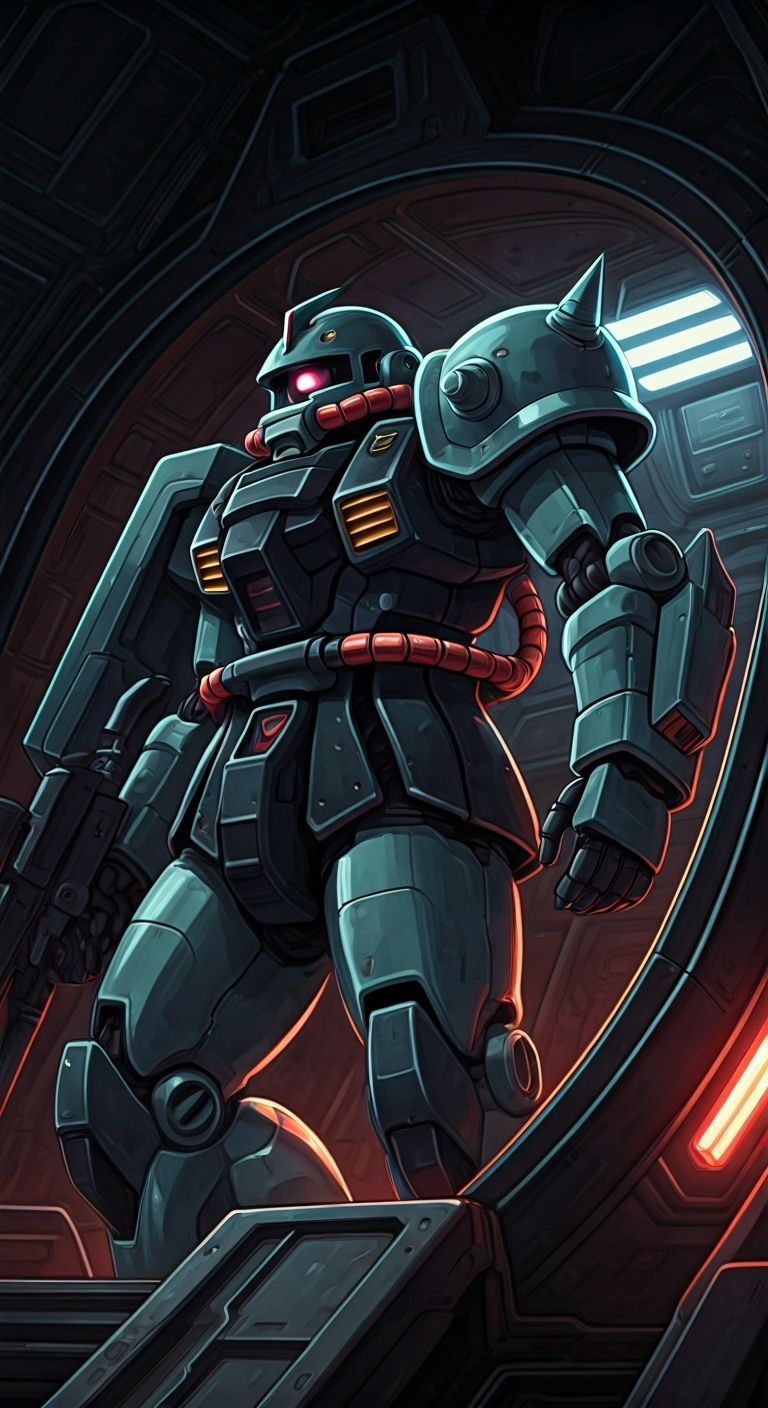  Retro sci-fi art. Medium shot. Pin-up model in 1960 sci-fi space suit approaching mobile suit Zaku II entry hatch. Close up. Comic book ill...